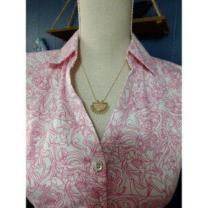 New York & Company Short Sleeve Pink Button Up Blouse X-Small